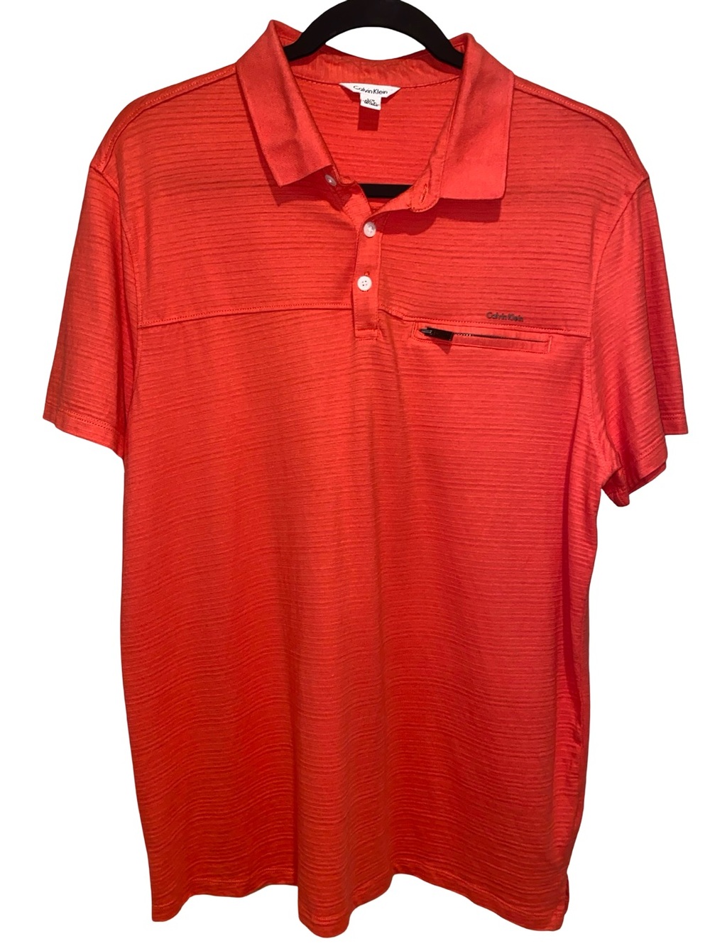 Calvin Klein Men’s Large Red Orange Textured Polo Shirt Zip Pocket